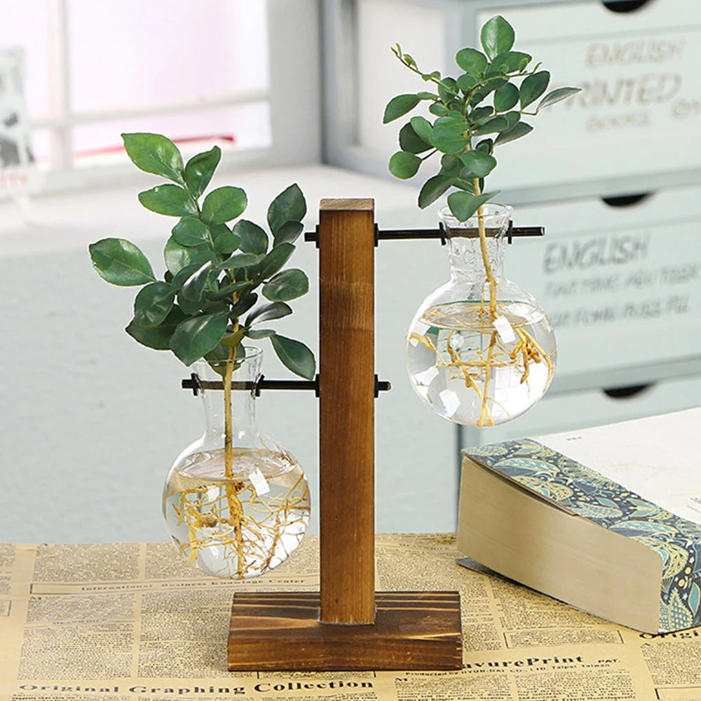 Glass Planter with Wooden Stand